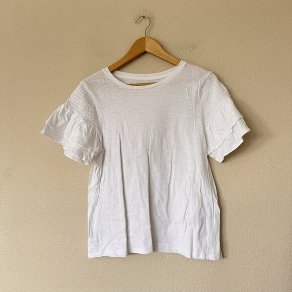 LOFT Women's Ruffle Tee Size Medium White T Shirt Smocked New Flutter - Picture 9 of 9